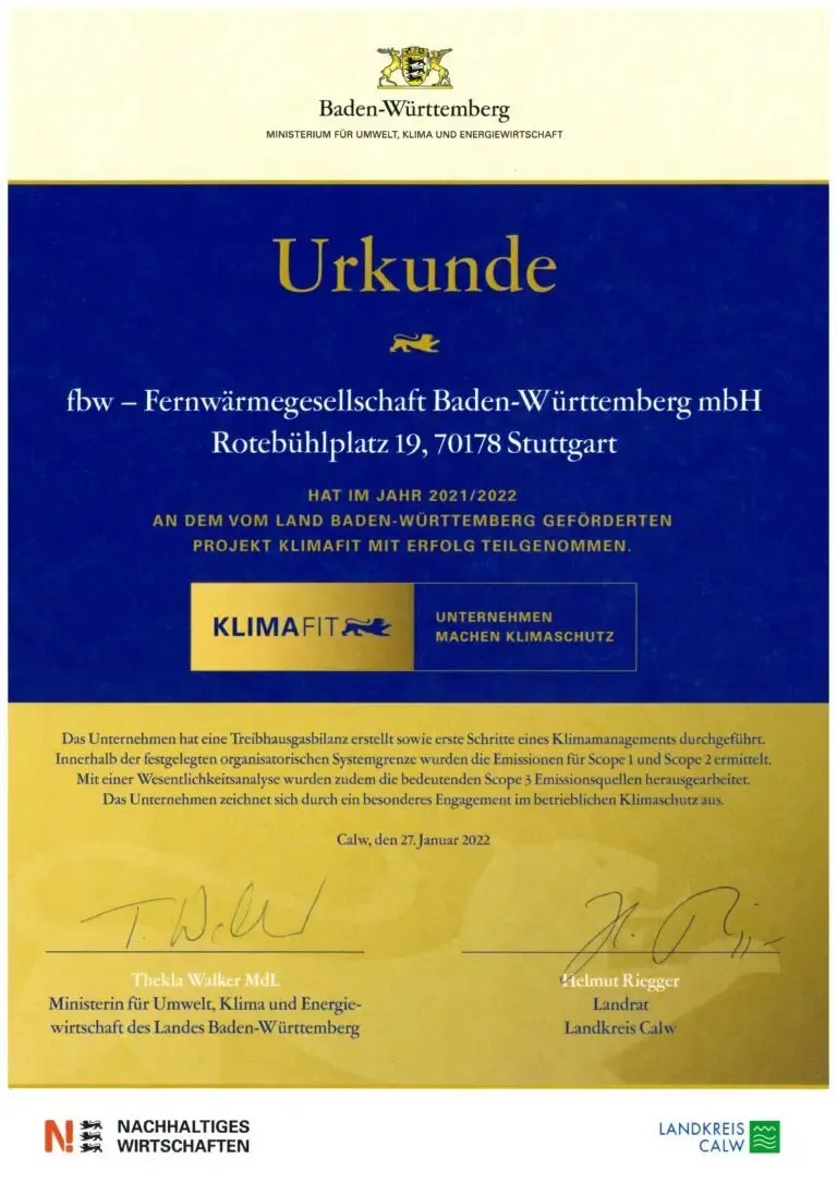 Urkunde für KLIMAfit 2022